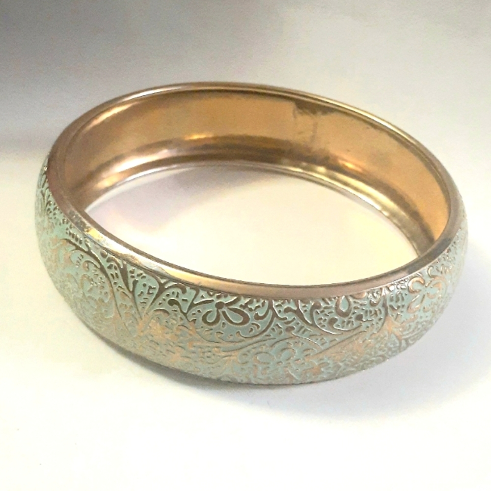 Vtg Seafoam Mint Green Damascene Brass Bangle Bracelet